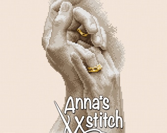 May include: Two hands holding each other with gold rings on their fingers. The image is in a cross-stitch style and has a beige background. The text "Anna's Xstitch" is in the lower right corner of the image.