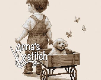 Boy with cart - Sweet child cross stitch pattern PDF instant download Jackie Beau xstitch chart