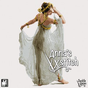 May include: Cross stitch pattern featuring a woman in a white gown with gold accents. The pattern is titled "Anna's X Stitch" and includes the artist's name, "Jackie Beau".