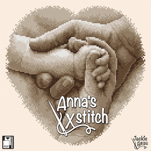Puede incluir: Diseño de punto de cruz en tonos sepia que muestra la mano de un adulto sosteniendo la mano de un bebé en forma de corazón. El texto "Anna's Xstitch" se muestra en una fuente estilizada. Un icono de descarga PDF está en la esquina inferior izquierda.