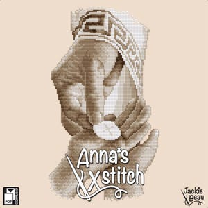 May include: A black and white cross stitch pattern of a hand holding a coin. The pattern is titled "Anna's Xstitch" and is by Jackie Beau.