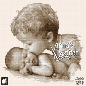 May include: Sepia-toned cross-stitch design depicting two children, one kissing the other. The image includes the text "Anna's Xstitch" and "Jackie Beau". A PDF download icon is in the lower left corner.