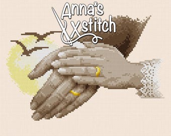May include: Cross stitch pattern of two hands with wedding rings, a heart shape with birds flying, and the text "Anna's Xstitch".