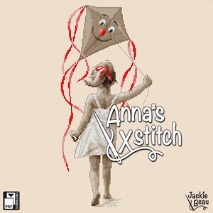 Könnte beinhalten: Ein Kreuzstichmuster mit einem Mädchen in einem weißen Kleid, das einen braunen Drachen mit einem roten Bandschwanz hält. Der Text "Anna's Xstitch" befindet sich in der unteren rechten Ecke des Bildes.