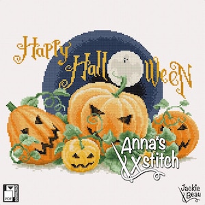May include: A cross-stitch design featuring orange pumpkins with carved faces, green vines, and the words "Happy Halloween" in gold. A dark blue background includes a full moon. The design is by Anna's X Stitch.