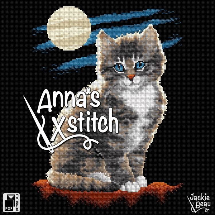 Cat in the moonshine - Pet cross stitch pattern featuring a domestic animal PDF instant download Jackie Beau design
