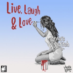 May include: A black and white illustration of a woman painting the words "Live, Laugh & Love" on a blue background. The woman is kneeling and holding a paintbrush in her right hand. A red paint can is on the ground next to her.