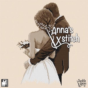 Könnte beinhalten: Ein Schwarzweiß-Kreuzstichmuster eines Brautpaares, das sich umarmt. Die Braut trägt ein weißes Kleid und der Bräutigam einen Anzug. Der Text "Anna's Xstitch" befindet sich in der oberen rechten Ecke des Bildes.