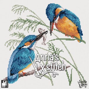 Puede incluir: Patrón de punto de cruz con dos martines pescadores con plumaje azul y naranja posados en ramas con follaje verde. El diseño incluye el texto "Anna's Xstitch" en una fuente decorativa.
