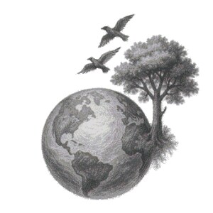 May include: Black and white illustration of the Earth with a tree and two birds in flight. The globe shows continents and oceans. The tree is detailed with leaves and branches. The birds are silhouetted against the white background.