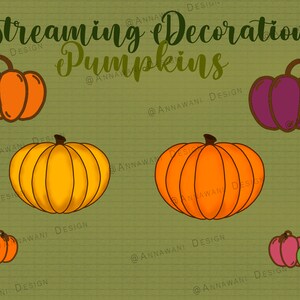 Könnte beinhalten: Eine digitale Illustration von verschiedenen Kürbissen in verschiedenen Farben und Größen. Die Kürbisse sind in einer Reihe angeordnet und mit verschiedenen Mustern verziert. Der Text "Streaming Decoration Pumpkins" steht über den Kürbissen.