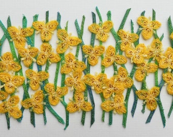 Shilasdair, Yellow Iris, textile art, unframed