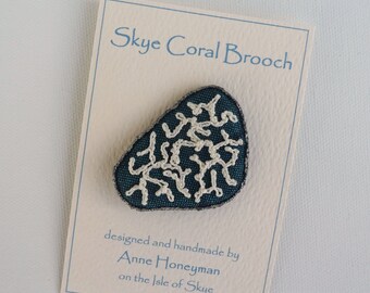 Skye Coral brooch - FREE P&P, textile art, free motion machine embroidery on upcycled linen