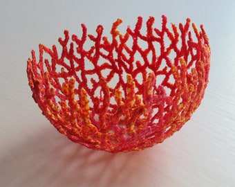 Tropical Coral bowl, original textile art, free machine embroidery on dissolvable fabric