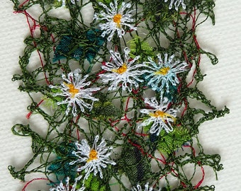 Daisies embroidered bookmark, textile art, free machine embroidery