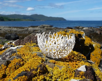 Skye Coral bowl, original textile art, free machine embroidery on dissolvable fabric