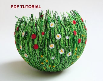 Meadow bowl TUTORIAL, digital download PDF, machine embroidery, dissolvable film