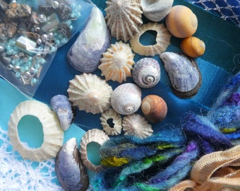 Sea Shades Inspiration Box, FREE P&P, materials for mixed media, collage, creative embroidery; fabric, thread, stash