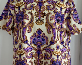 Vintage 60’s purple psychedelic poly knit short sleeve shift mini dress MCM mod 42-40-45  mad men paisley baroque wiggle scallop trim