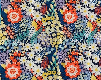 Vintage 60’s blue floral cotton square neck scarf hair mod 21 x 20 psychedelic flower power prairie hippie boho country