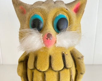 Vintage 1960’s mod Owl Coin Bank mid century MCM retro adorable Japan Plastic flocked fuzzy retro decor