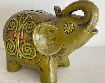 Vintage 1960’s Fitz and Floyd elephant Coin Bank mid century MCM retro Japan Paper Maché boho decor green