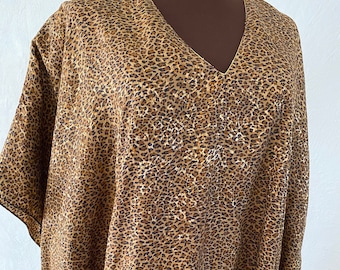 Vintage 80’s plus size silky leopard print satin lounge dress Volup 1X 2X 3X 4X boho mod housedress maxi mumu kaftan glam caftan 70-70-70