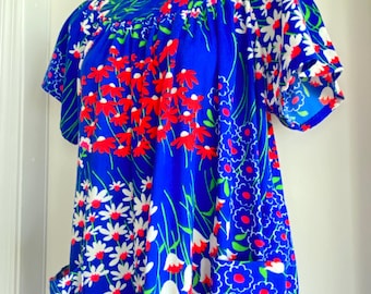 Vtg 60’s 70’s psychedelic bright floral lounge dress M L day glo barkcloth housedress nightgown 44-50-50 mod mumu caftan kaftan boho maxi