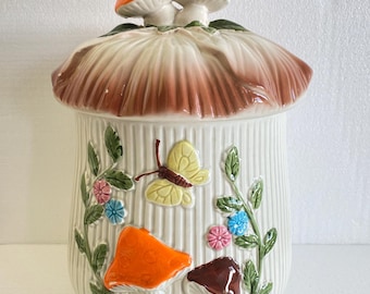Vintage 60’s mushroom ceramic cookie jar butterfly kitschy retro collectible kitsch kitchen decor cottagecore Japan