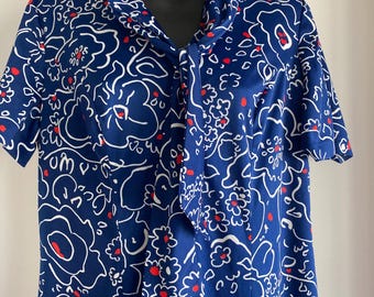 Vintage 60’s red white and blue mod floral silky poly short sleeve a line dress XL secretary collar neck tie Three R zip up stretchy