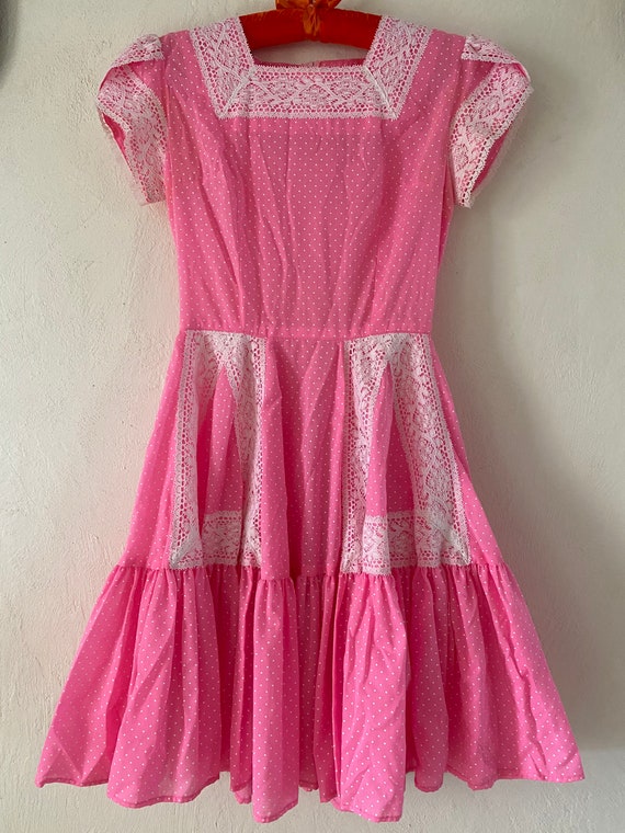 Vintage 60’s bubblegum pink Swiss dot lace trim L… - image 2