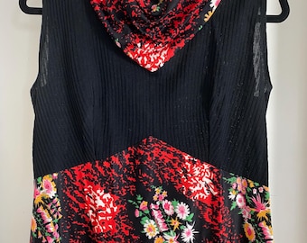 Vintage 60’s black red floral psychedelic poly knit op art maxi long sleeve dress formal MCM gown mod goth 38-34-40 M empire waist 18
