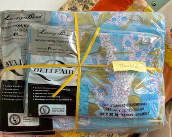 Vintage 60’s blue floral double flat & fitted sheet pillow case set 54” x 75” grandmillennial nos Mcm percale flower power Belleair