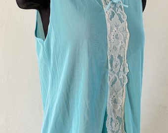 Vintage 50s Baby Blue Nylon Nightgown – Lace Trim Lingerie, S/M