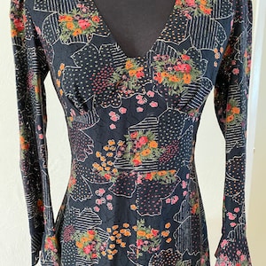 Vintage 60’s black lace psychedelic floral maxi long sleeve dress MCM party gown mod glam goth 34-31-39 S M empire waist boho