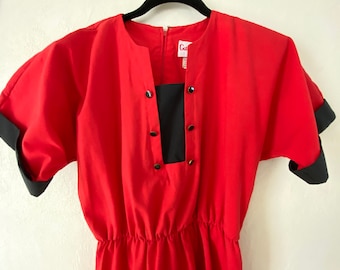 Vintage 70’s red and black mod cotton elastic waist short sleeve a line dress M L waitress secretary sz 12 Cathy Sue