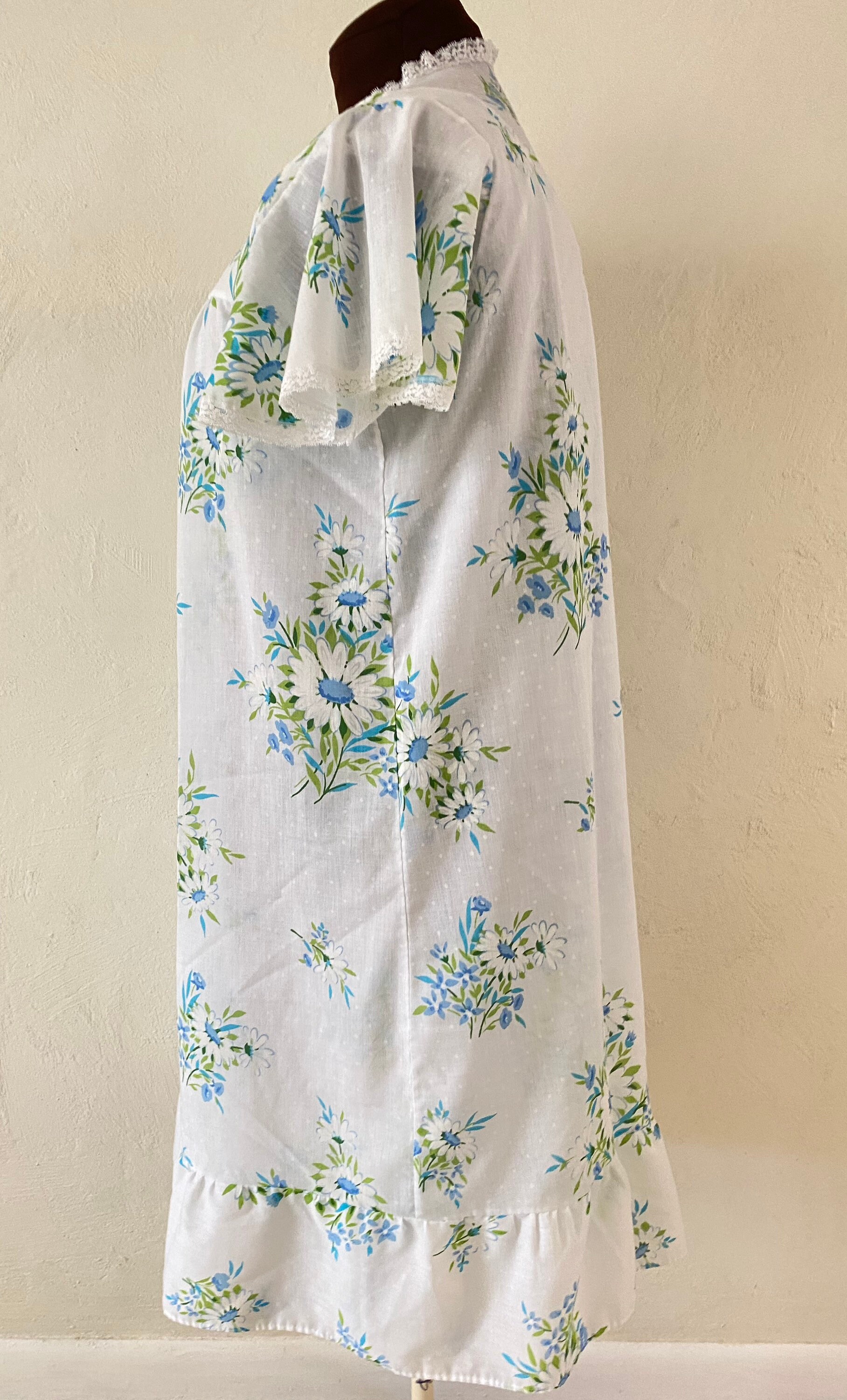 Vintage 50s Plus Size Cotton Nightgown Robe Peignoir Set Nighty Daisy Floral Swiss Dot L XXL 2X