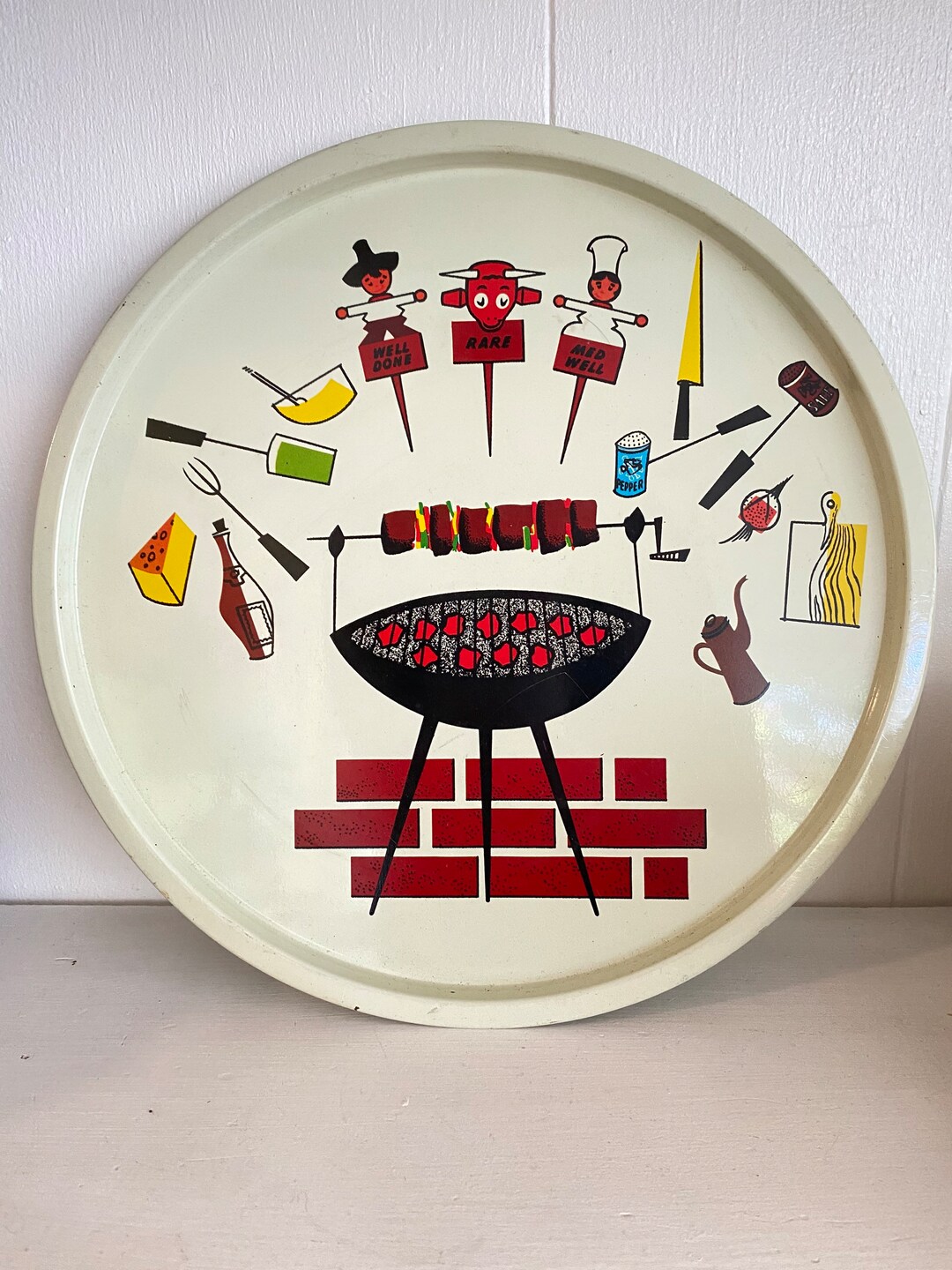 Vintage 50s Set of 4 Metal Enamel BBQ Serving Plates Trays Kitschy Mid