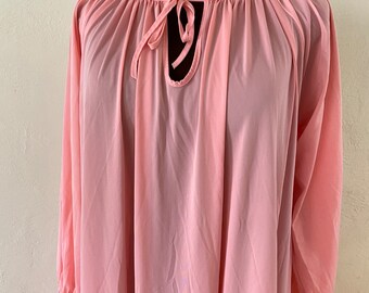 Vintage 50’s plus size silky pink poly sweeping long sleeve glam night tent nightgown pin up retro OSFA 54-84-100 mod lingerie pajama dress