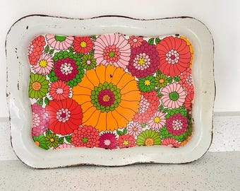 Vintage 60’s floral metal serving tray kitsch mod retro flower power design 18” x 13” psychedelic picnic bright hippie cottagecore rolling