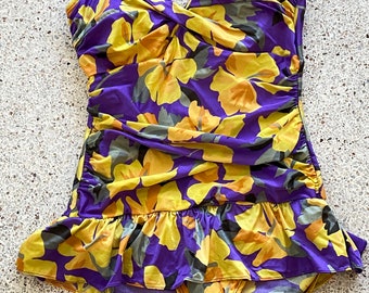 Vintage 80’s/90’s yellow and purple floral skirted swim dress 30-26-32 42-36-40 M/L retro swimsuit bathing suit one piece