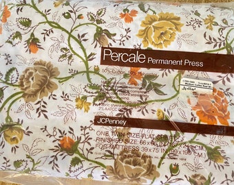 Vintage 70’s JC Penney’s twin floral flat sheet 66”X96” boho grandmillennial mod new old stock original packaging percale