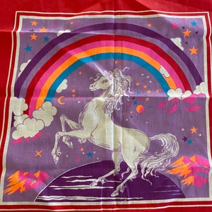 Vintage 80’s Unicorn novelty bandanna scarf rainbow clouds made in USA fantasy 22”X 22” pink poly cotton