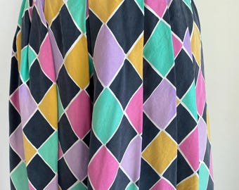 Vintage 70’s 80’s silk pastel harlequin rainbow a line maxi skirt 34-40 waist mod jester punk L XL clowncore