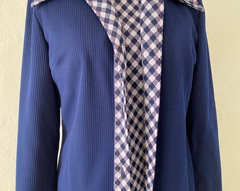 Vintage 60’s plus size poly mod check blue & white polyester 2pc jacket and dress set 42-38-44 1X 2X Bleeker Street 16 scooter Brit midi