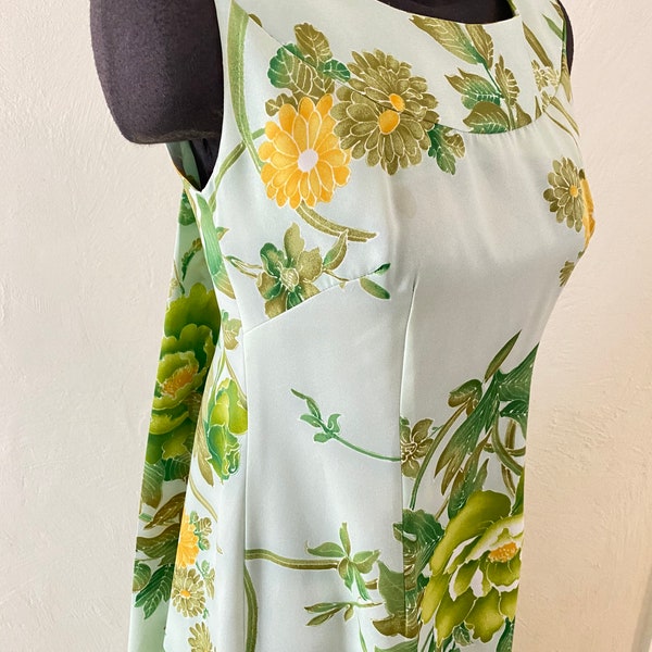 Vtg 60’s Aloha Hawaiian green floral silky poly maxi dress M L size 8 36 bust pin up novelty tropical vacation Japanese novelty print