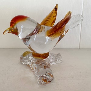 Vintage 1960’s Arte Murano ICET glass orange bird on a branch Mid Century modern figurine sticker intact Mod decor