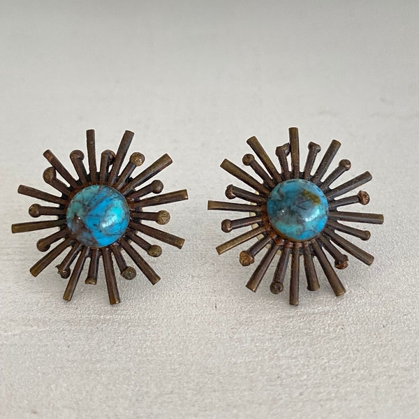 Vintage 50’s - 60’s mod atomic starburst turquoise post back earrings retro celestial costume jewelry formal 1” space age sun