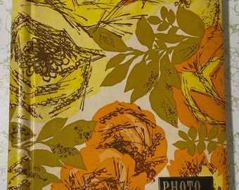 Vtg 70’s mod floral photo album 10 x 12 orange yellow pictures flower power collectible book op art peel and stick boho