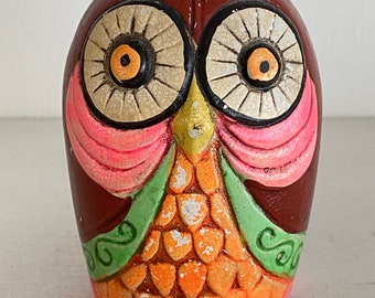 Vintage 1960’s mod small Owl Fitz and Floyd Coin Bank mid century MCM retro Japan Paper Maché decor day glo neon